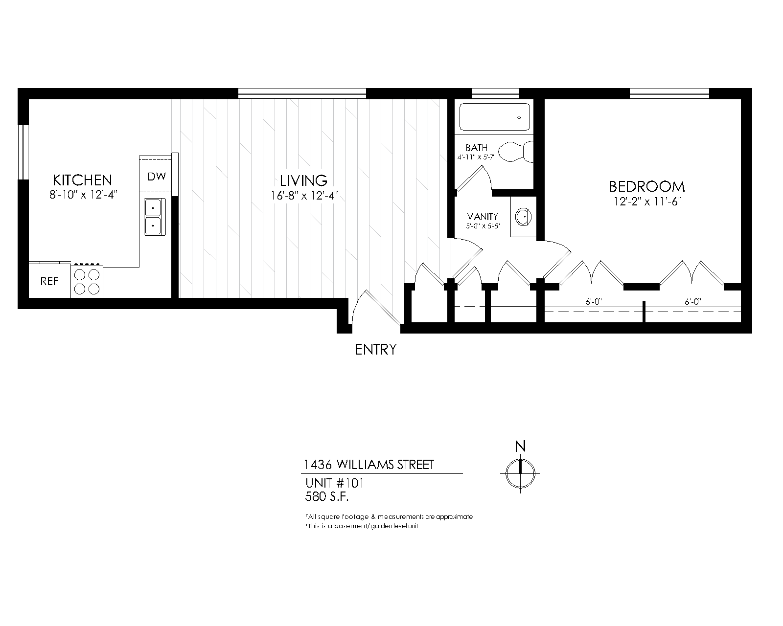 Floor plan for 1 bed, 1 bath, 580 sqft